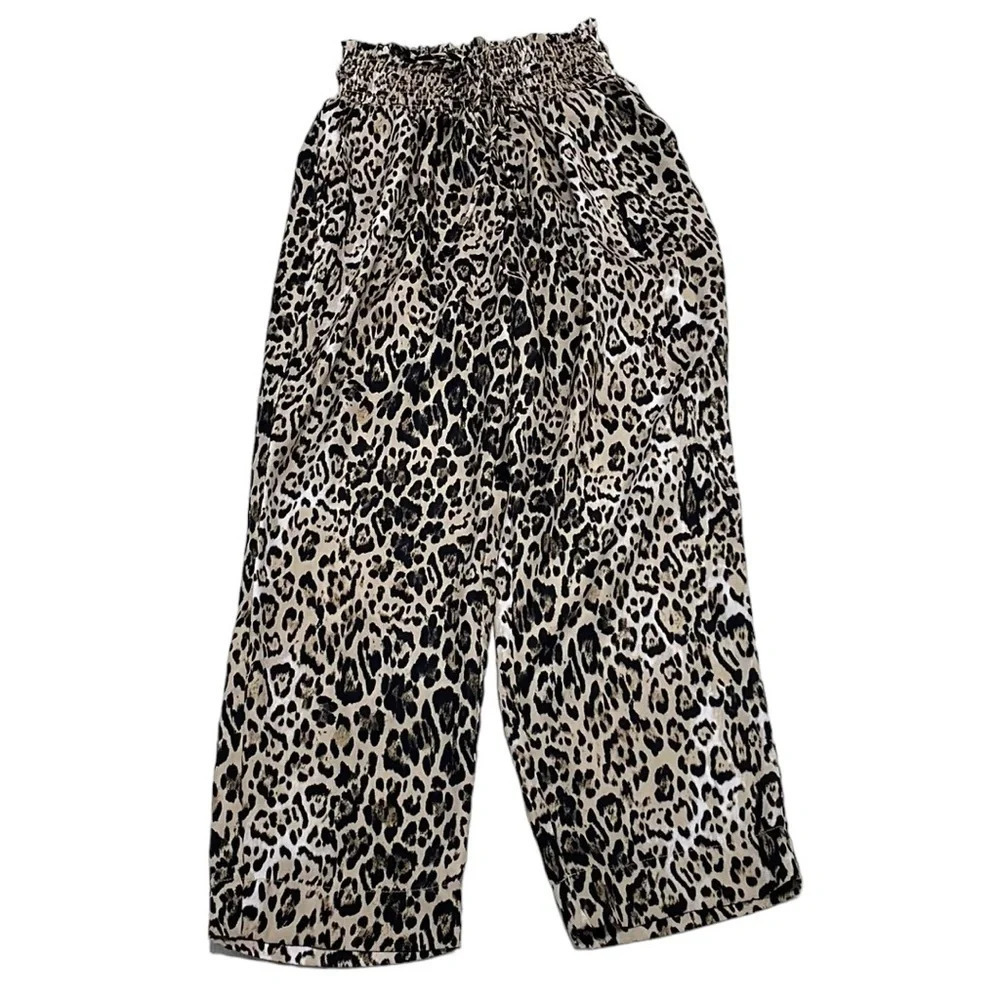 WAYF Palazzo Pants Elastic Waist Flowy Cheetah Print Wide Leg Size Medium M